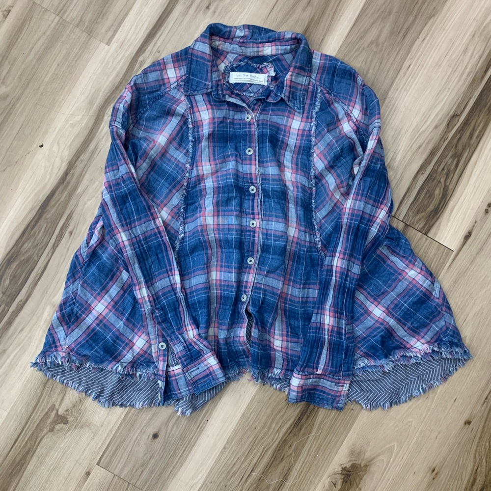 We The Free Blue and Red Plaid Button Down Shirt